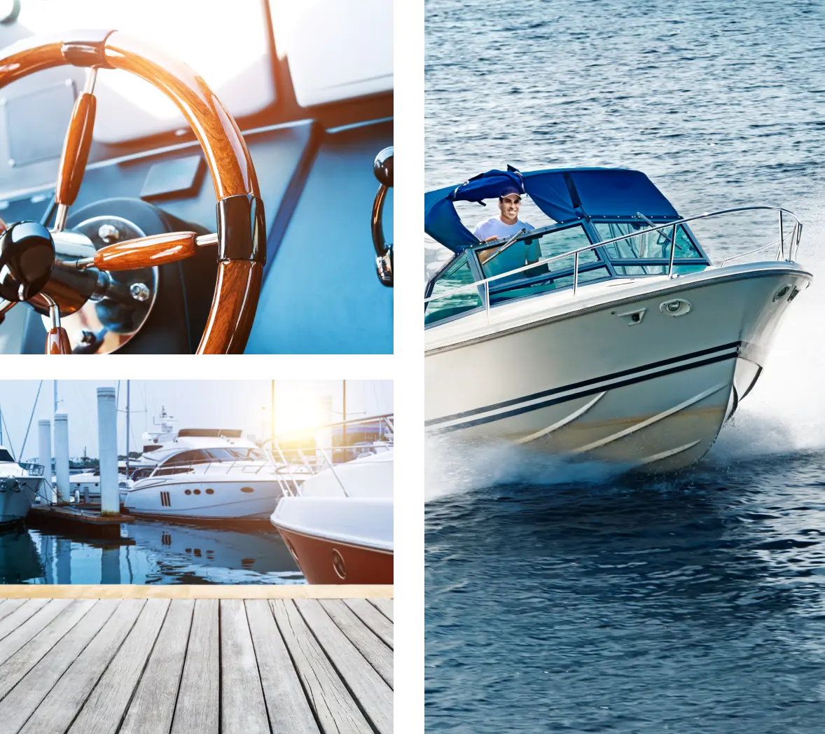 Collage showing yacht, steering wheel, and dock