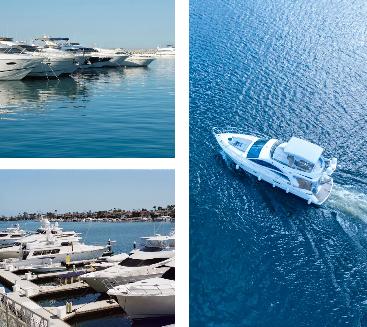 Aerial view of luxury yachts docked and cruising