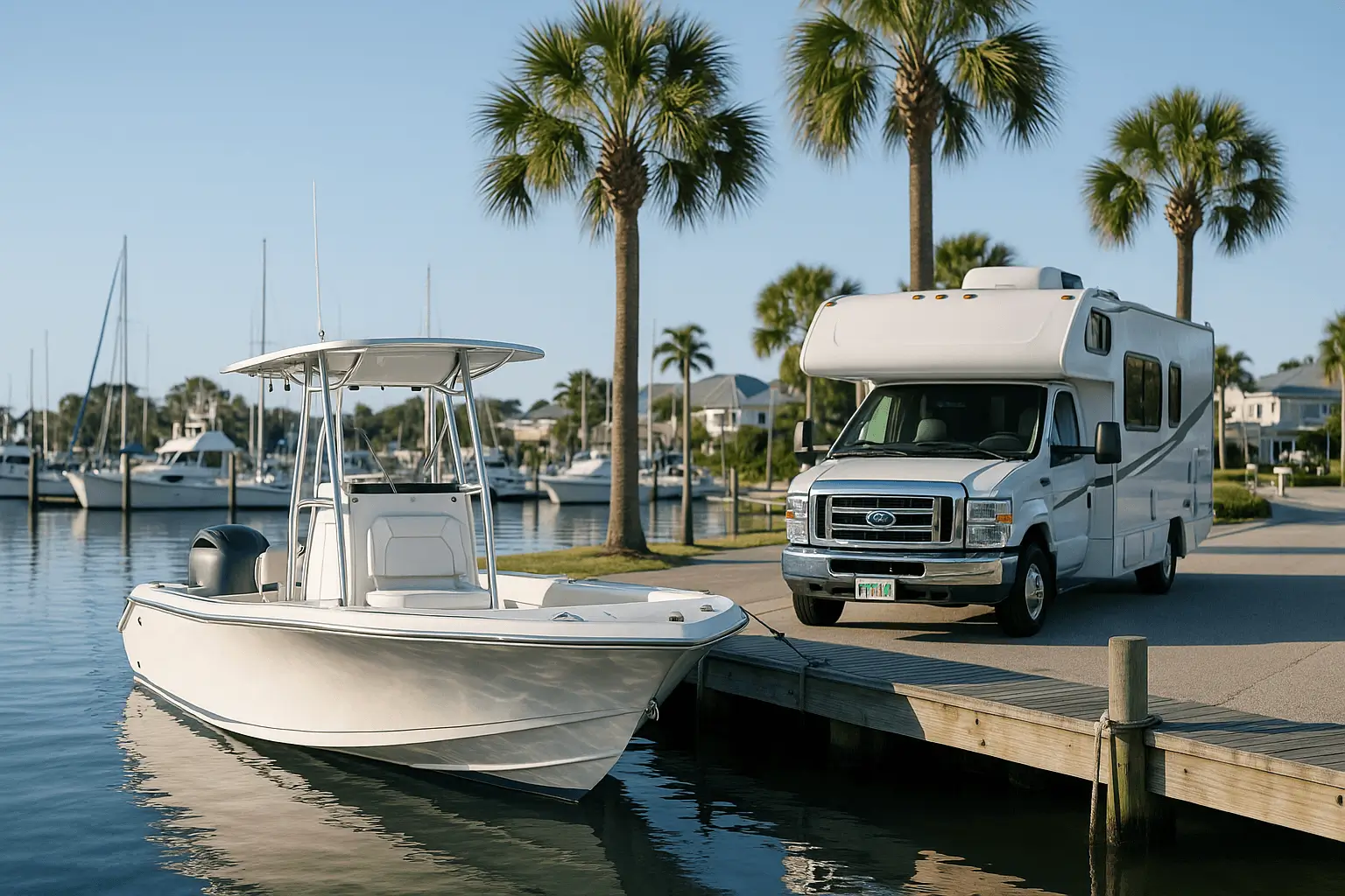Small center-console boat tied to wooden dock